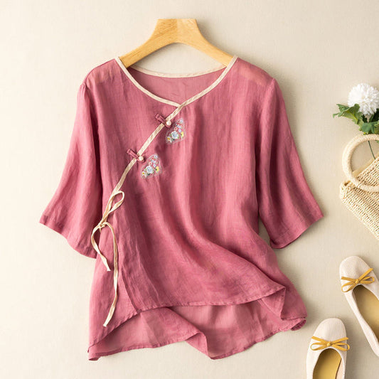 Blouse Femme – Coupe Ample – Manches Courtes – Broderie Élégante – Lien à Nouer