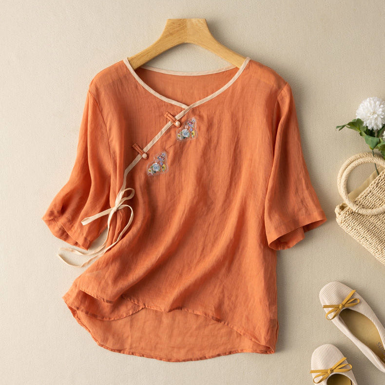 Blouse Femme – Coupe Ample – Manches Courtes – Broderie Élégante – Lien à Nouer
