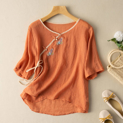 Blouse Femme – Coupe Ample – Manches Courtes – Broderie Élégante – Lien à Nouer