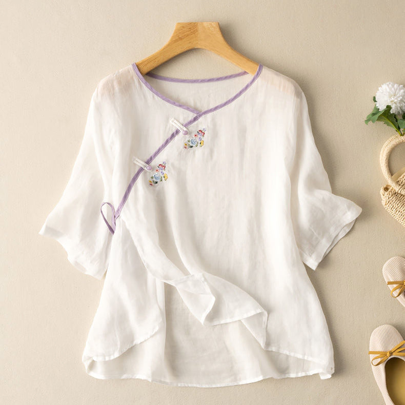 Blouse Femme – Coupe Ample – Manches Courtes – Broderie Élégante – Lien à Nouer