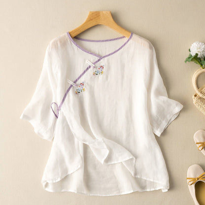 Blouse Femme – Coupe Ample – Manches Courtes – Broderie Élégante – Lien à Nouer