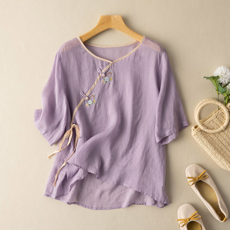 Blouse Femme – Coupe Ample – Manches Courtes – Broderie Élégante – Lien à Nouer