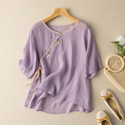 Blouse Femme – Coupe Ample – Manches Courtes – Broderie Élégante – Lien à Nouer