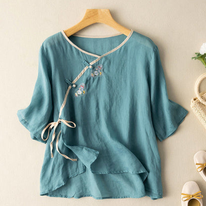 Blouse Femme – Coupe Ample – Manches Courtes – Broderie Élégante – Lien à Nouer