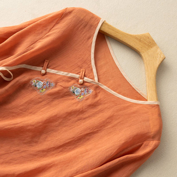 Blouse Femme – Coupe Ample – Manches Courtes – Broderie Élégante – Lien à Nouer