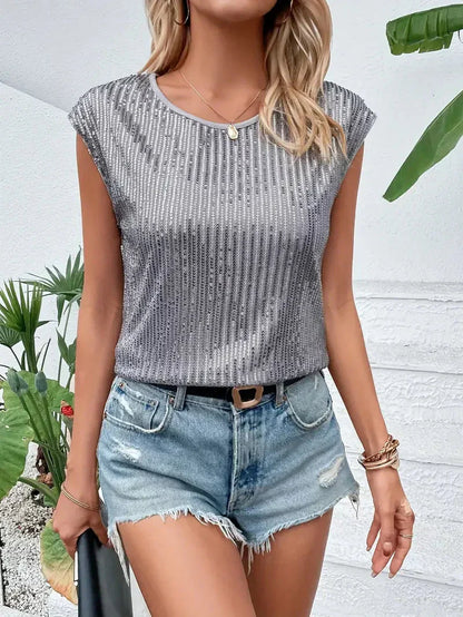 Blouse femme – Coupe décontractée – Tissu luxe – Manches courtes – Sequins brillants