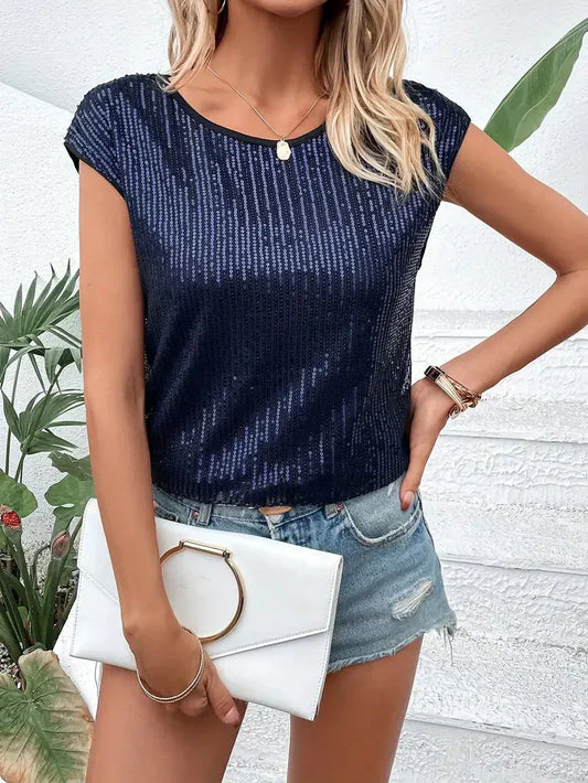 Blouse femme – Coupe décontractée – Tissu luxe – Manches courtes – Sequins brillants