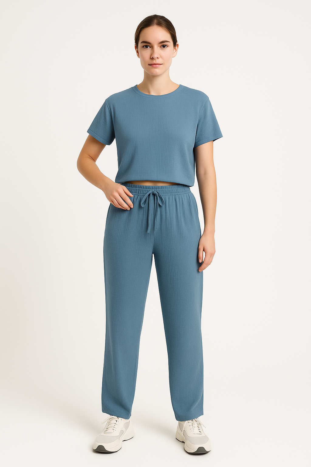 Women's Loungewear Set – Cropped Top Short Sleeves – Wide Pants – Drawstring Waist