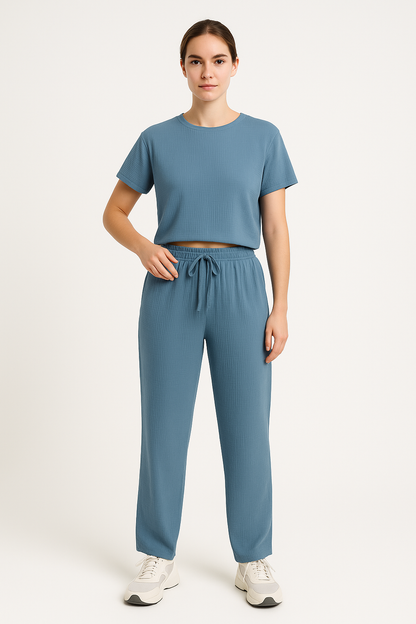 Women's Loungewear Set – Cropped Top Short Sleeves – Wide Pants – Drawstring Waist