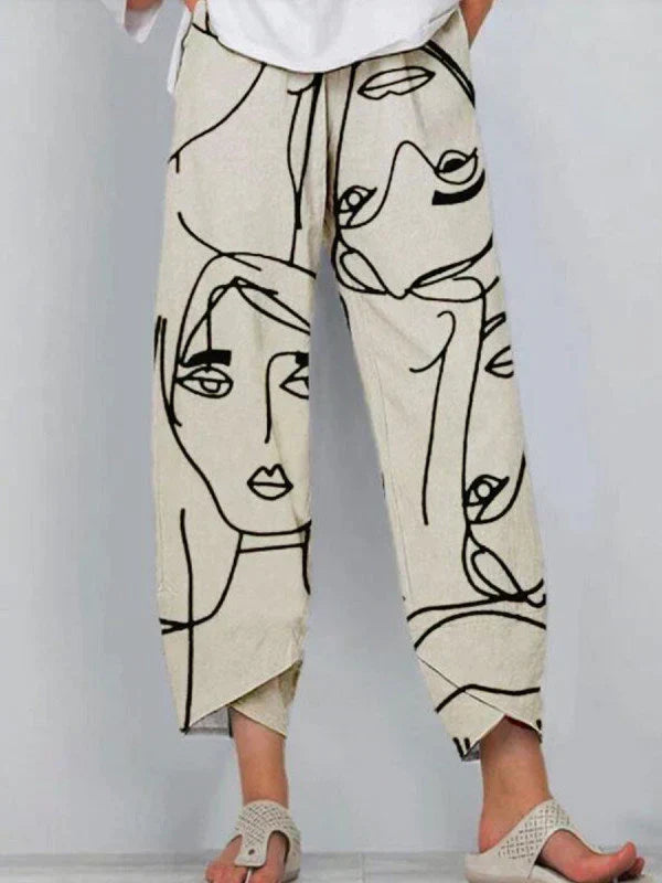 Pantalon femme – Coupe ample large – Tissu respirant – Imprimé artistique visage