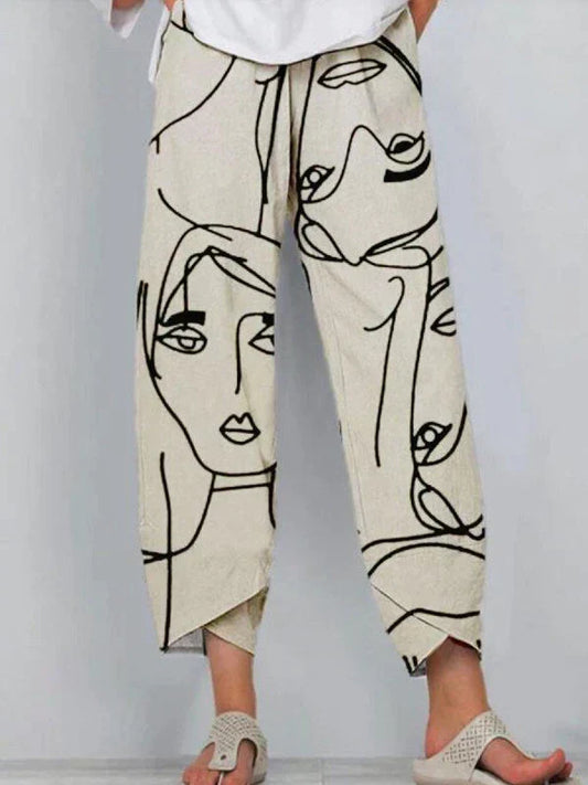 Pantalon femme – Coupe ample large – Tissu respirant – Imprimé artistique visage