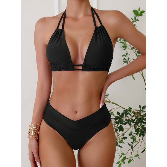 Bikini femme – Haut dos nu triangle – Bas taille haute V – Tissu respirant stretch