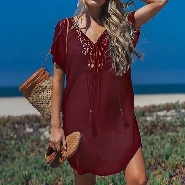 Tunique de plage femme – Coupe décontractée – Col V en crochet