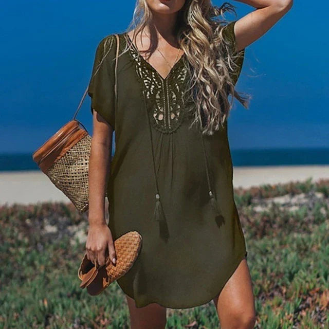 Tunique de plage femme – Coupe décontractée – Col V en crochet