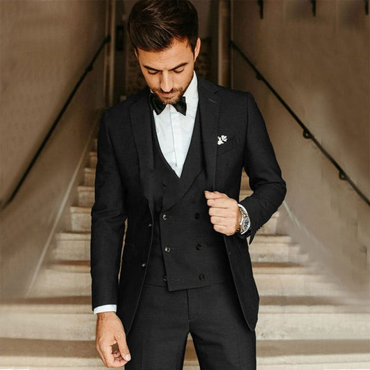 Costume homme 3 pièces – Coupe slim – Tissu luxe – Gilet croisé – Tenue formelle