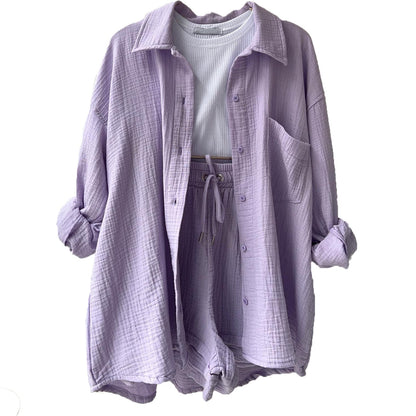 Ensemble short femme – Coupe décontractée – Chemise froissée – Taille haute avec cordon de serrage