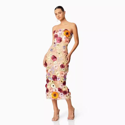 Robe femme bustier – Coupe ajustée – Tulle léger – Fleurs 3D – Longueur midi