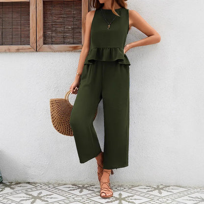Ensemble Pantalon Femme – Top sans manches – Taille Volantée – Coupe Large – Tissu Respirant