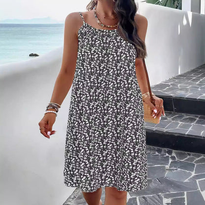 Robe trapèze femme – Bretelles fines – Imprimé fleuri – Coupe ample – Longueur genou