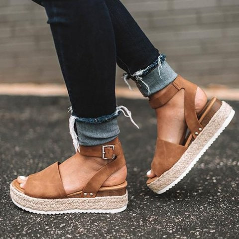 Sandales compensées femme – Semelle plateforme – Bout ouvert – Bride cheville réglable