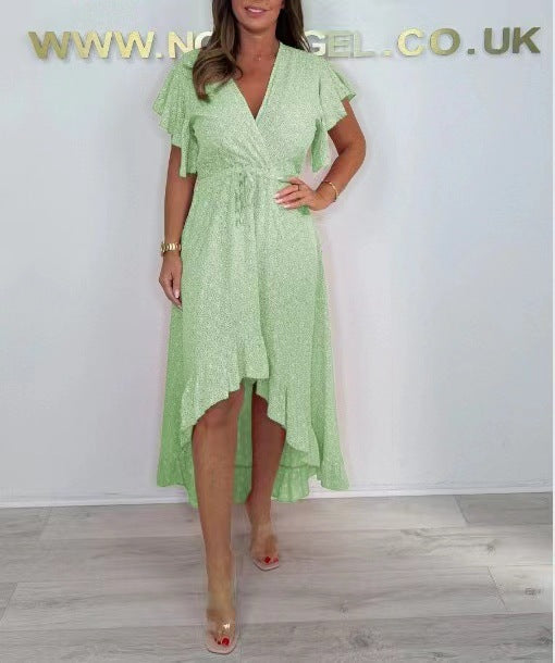 Robe portefeuille femme – Tissu fluide respirant – Manches à volants – Ourlet asymétrique