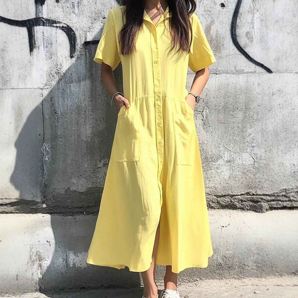 Robe Chemise Femme – Coupe Décontractée – Boutonnage Intégral – Manches Courtes – Longueur Midi
