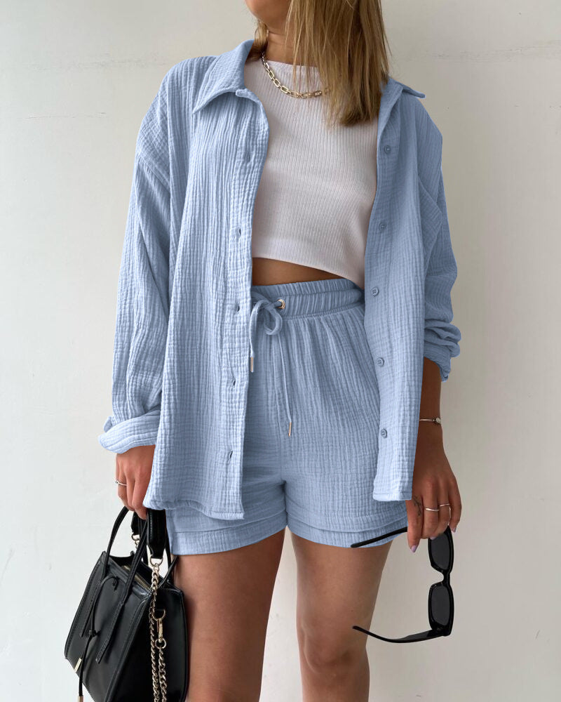 Ensemble short femme – Coupe décontractée – Chemise froissée – Taille haute avec cordon de serrage