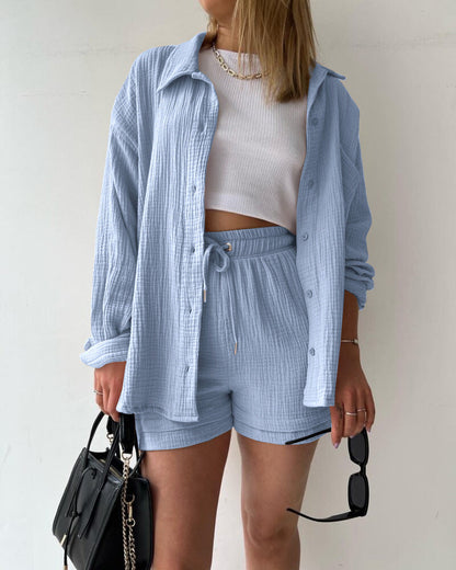 Ensemble short femme – Coupe décontractée – Chemise froissée – Taille haute avec cordon de serrage