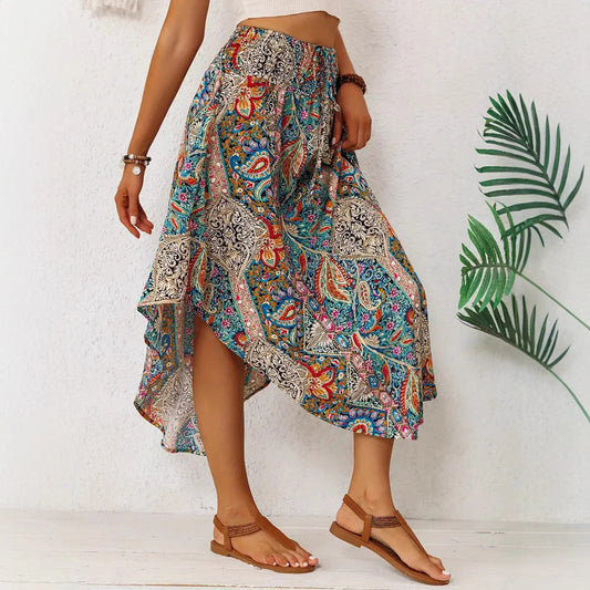 Jupe longue femme – Coupe évasée fluide – Imprimé exotique – Taille à lien réglable