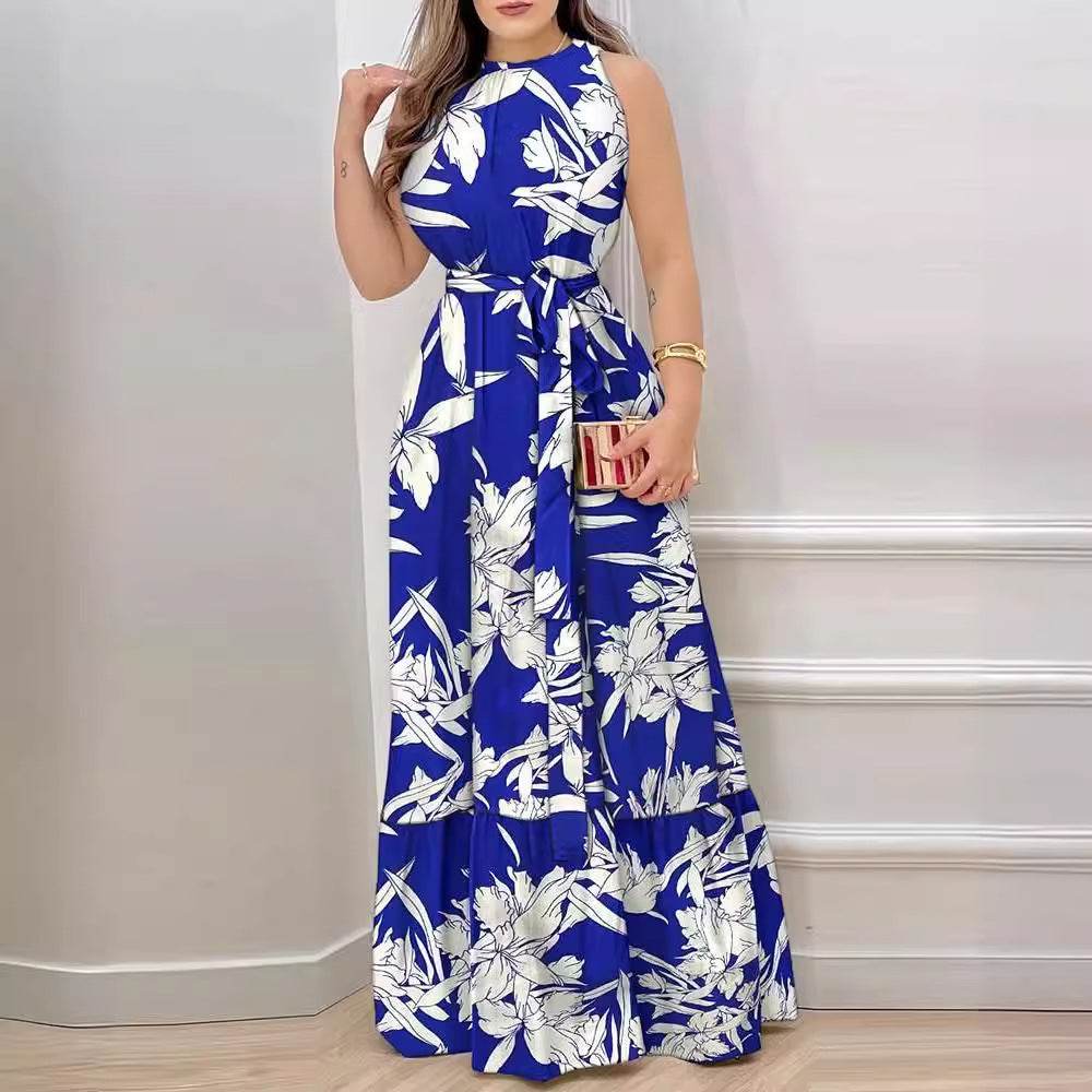Robe longue femme – Encolure dos nu – Imprimé fleuri – Taille ceinturée – Ourlet à volants