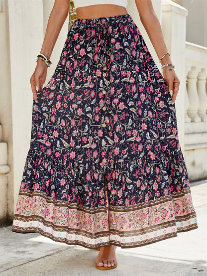 Jupe longue femme – Coupe fluide – Style bohème à volants – Imprimé floral – Fibres naturelles