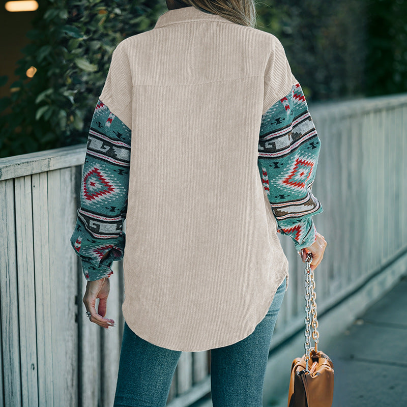 Women's shirt – relaxed fit – printed sleeves – corduroy – casual style