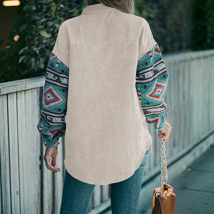 Women's shirt – relaxed fit – printed sleeves – corduroy – casual style