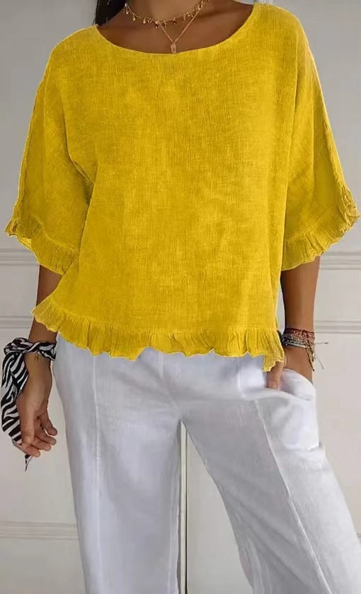 Blouse femme manches courtes – Lin coton – Coupe ample – Col rond – Ourlet volanté