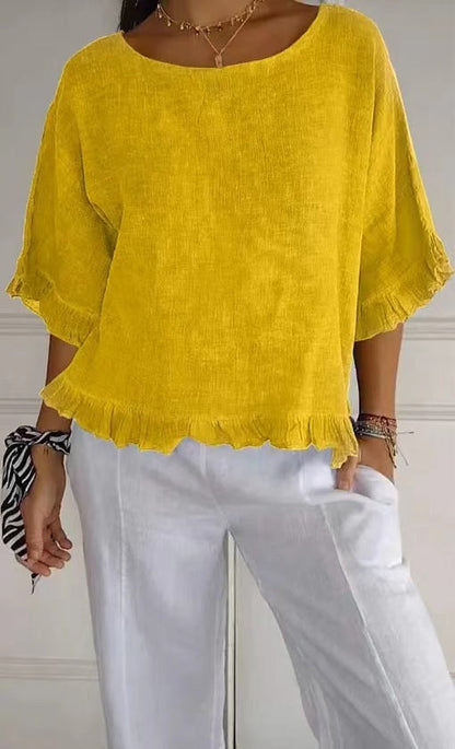 Blouse femme manches courtes – Lin coton – Coupe ample – Col rond – Ourlet volanté