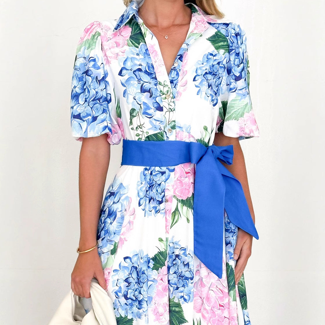 Robe maxi femme – Coupe évasée – Manches courtes – Imprimé fleuri – Ceinture ajustable