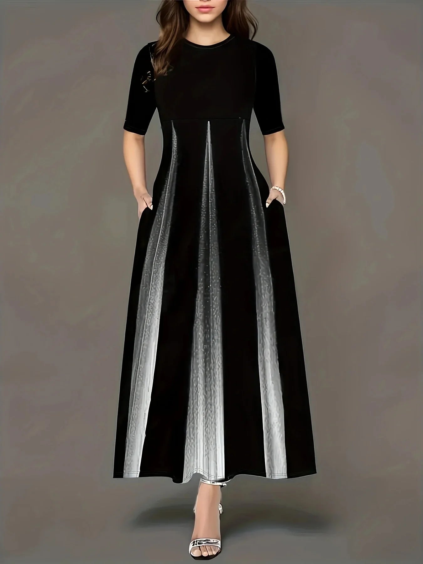Robe longue femme – Coupe fluide – Jupe plissée – Manches courtes – Poches latérales