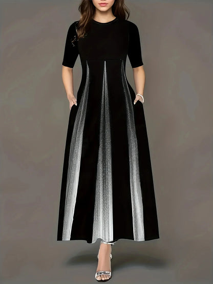 Robe longue femme – Coupe fluide – Jupe plissée – Manches courtes – Poches latérales