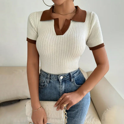 Women's Polo – Ribbed Knit – Slim Fit – Short Sleeves – Cropped Length