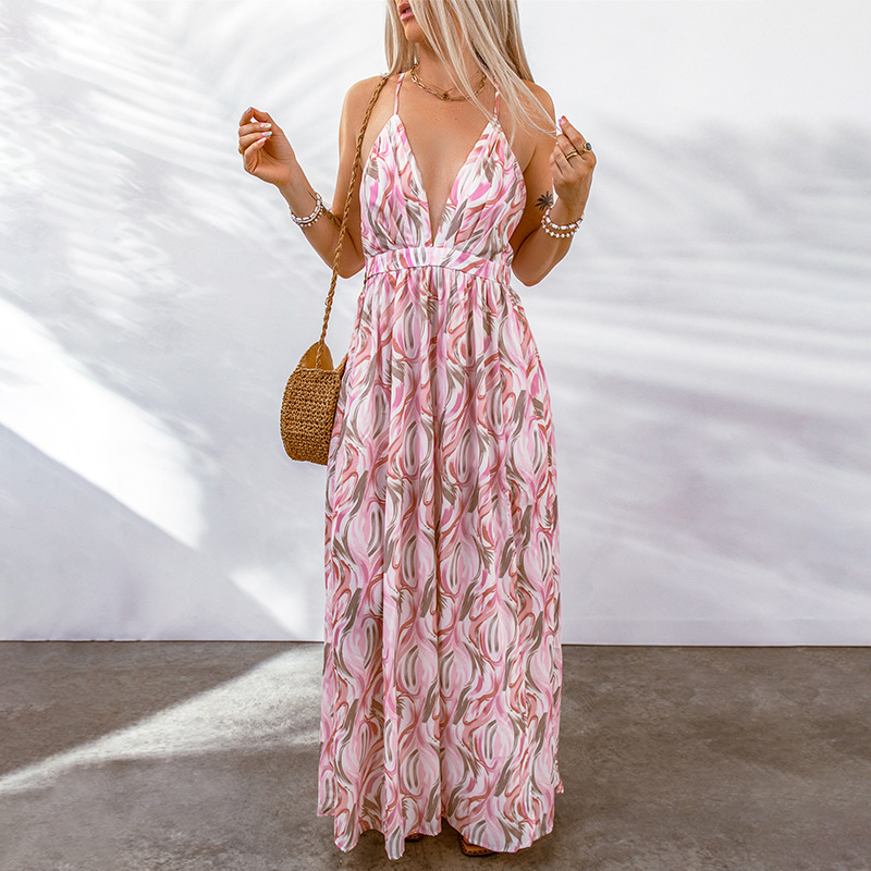 Robe Longue Femme – Imprimé Fleuri – Décolleté Plongeant – Tissu Respirant – Coupe Fluide
