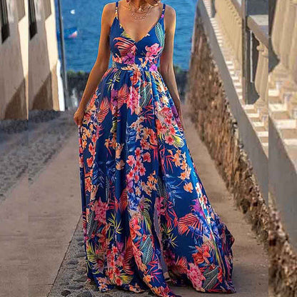 Robe longue femme – Coupe évasée – Bretelles fines – Décolleté plongeant