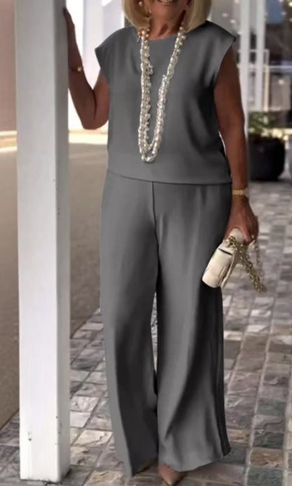 Ensemble Femme – Haut Sans Manches – Pantalon Large Taille Haute – Coupe Évasée Élégante