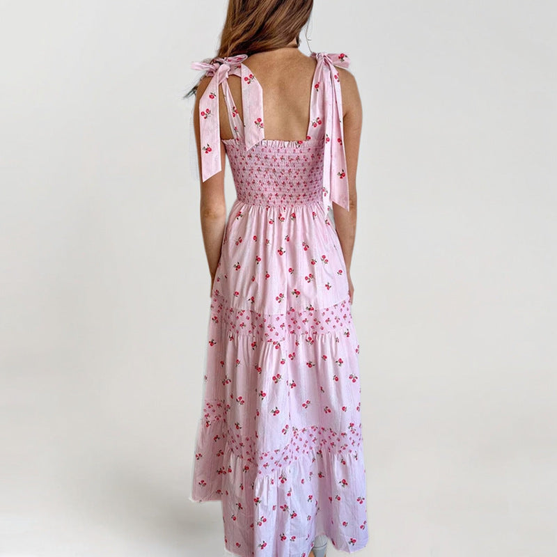 Robe longue femme – Coton – Dos smocké – Bretelles à nouer – Imprimé fleuri