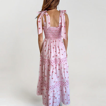 Robe longue femme – Coton – Dos smocké – Bretelles à nouer – Imprimé fleuri