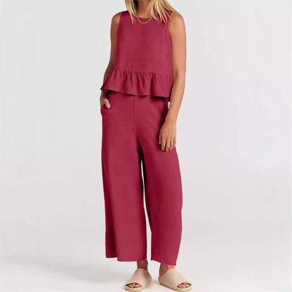 Ensemble 2 pièces pour femmes - Top court sans manches - Pantalon large à taille élastique - Coupe décontractée