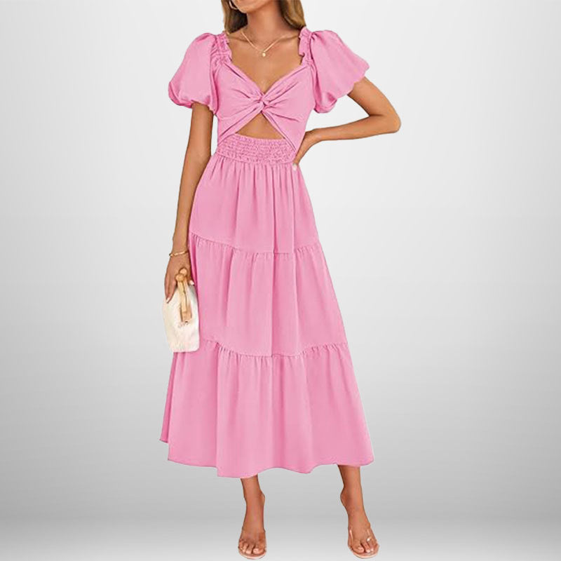 Robe longue femme – Tissu respirant – Col en V – Taille smockée – Jupe à volants
