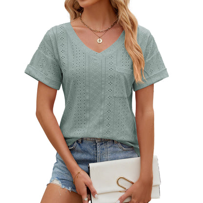 T-shirt femme – Coupe décontractée – Col V – Motif brodé – Manches courtes – Tissu respirant