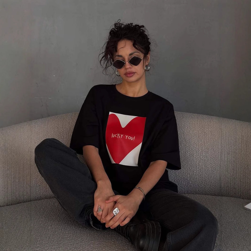 T-shirt femme – Coton doux – Coupe oversize – Manches courtes – Imprimé graphique