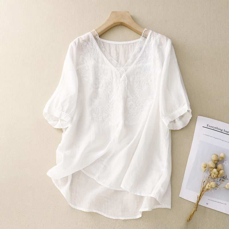 Chemise manches courtes femme – Coupe ample – Col V – Broderie – Tissu respirant