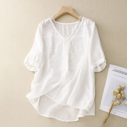 Chemise manches courtes femme – Coupe ample – Col V – Broderie – Tissu respirant